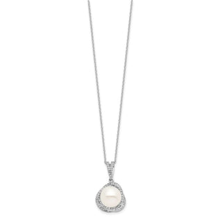 Sterling Silver Rhodium-plated 10-12mm Freshwater Cultured Pearl CZ Necklace/Earrings Set