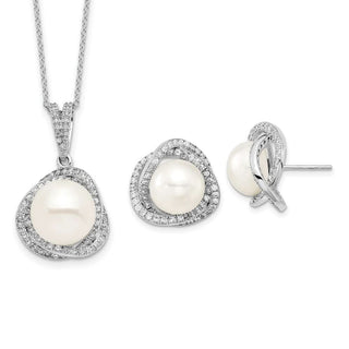 Sterling Silver Rhodium-plated 10-12mm Freshwater Cultured Pearl CZ Necklace/Earrings Set