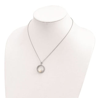 17" Sterling Silver Rhodium-plated 8-9mm White Freshwater Cultured Pearl and CZ Necklace