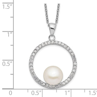 17" Sterling Silver Rhodium-plated 8-9mm White Freshwater Cultured Pearl and CZ Necklace