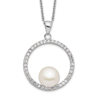 17" Sterling Silver Rhodium-plated 8-9mm White Freshwater Cultured Pearl and CZ Necklace