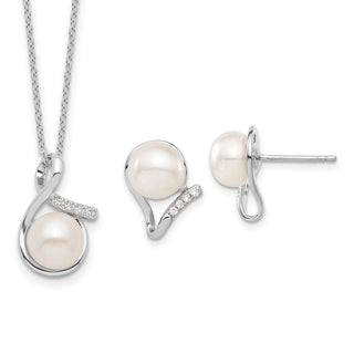 Sterling Silver Rhodium-plated 8-10mm Freshwater Cultured Pearl CZ Earrings/Necklace Set