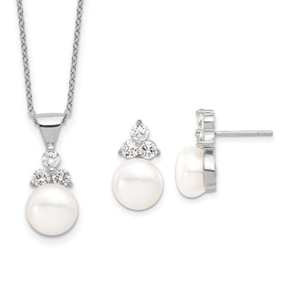 Sterling Silver Rhodium-plated 9-10mm Coin Freshwater CulturedPearl CZ Earrings/Necklace Set