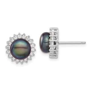 Sterling Silver Rhodium-plated 8-9mm Black Freshwater Cultured Pearl CZ Earrings/Necklace Set