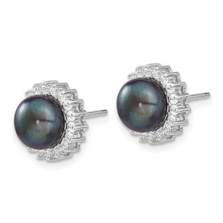Sterling Silver Rhodium-plated 8-9mm Black Freshwater Cultured Pearl CZ Earrings/Necklace Set