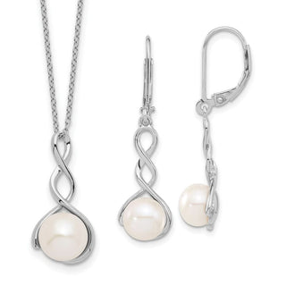 Sterling Silver Rhodium-plated 8-9mm White Freshwater Cultured Pearl Earrings/Necklace Set