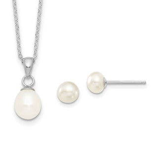 Sterling Silver Rhodium-plated 6-7mm White Freshwater Cultured Pearl Earrings/Necklace Set