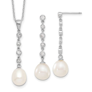 Sterling Silver Rhodium-plated 8-9mm Freshwater Cultured Pearl CZ Earrings/Necklace Set QH5387SET