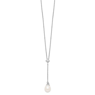 18" Sterling Silver Rhodium-plated 8-9mm White Freshwater Cultured Pearl CZ Drop Necklace