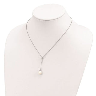 18" Sterling Silver Rhodium-plated 8-9mm White Freshwater Cultured Pearl CZ Drop Necklace