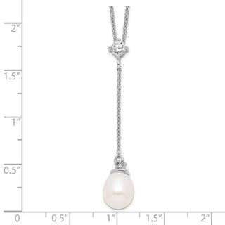 18" Sterling Silver Rhodium-plated 8-9mm White Freshwater Cultured Pearl CZ Drop Necklace