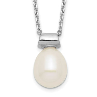 16" Sterling Silver Rhodium-plated 7-7.5mm Rice Freshwater Cultured Pearl 1.5in ext Necklace