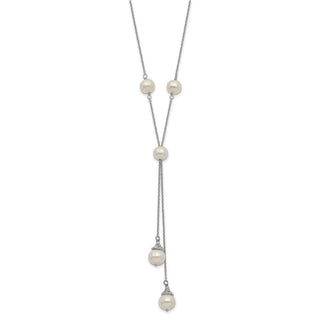 16" Sterling Silver Rhodium-plated White Freshwater Cultured Pearl 9 station 2 drop 2in ext Necklace