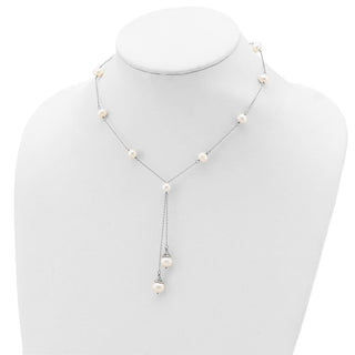 16" Sterling Silver Rhodium-plated White Freshwater Cultured Pearl 9 station 2 drop 2in ext Necklace