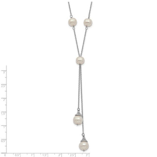 16" Sterling Silver Rhodium-plated White Freshwater Cultured Pearl 9 station 2 drop 2in ext Necklace