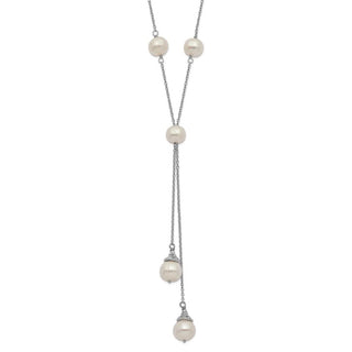 16" Sterling Silver Rhodium-plated White Freshwater Cultured Pearl 9 station 2 drop 2in ext Necklace