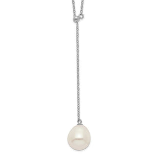 16.5" Sterling Silver Rhodium-plated 10-11mm White Rice Freshwater Cultured Pearl Drop Necklace