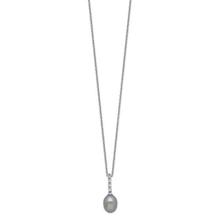 17" Sterling Silver Rhodium-plated 7-8mm Grey Freshwater Cultured Pearl CZ Necklace