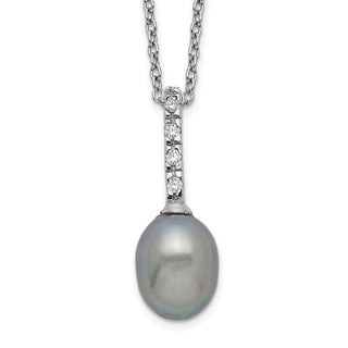 17" Sterling Silver Rhodium-plated 7-8mm Grey Freshwater Cultured Pearl CZ Necklace