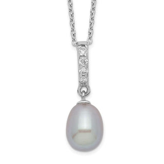 17" Sterling Silver Rhodium-plated 8-9mm Grey Freshwater Cultured Pearl CZ Necklace