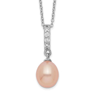 17" Sterling Silver Rhodium-plated 8-9mm Pink Freshwater Cultured Pearl CZ Necklace