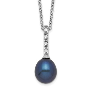 17" Sterling Silver Rhodium-plated 7-8mm Black Freshwater Cultured Pearl CZ Necklace