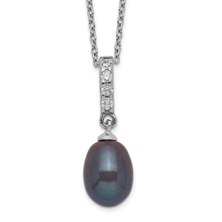 17" Sterling Silver Rhodium-plated 8-9mm Black Freshwater Cultured Pearl CZ Necklace