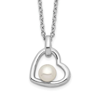 17" Sterling Silver Rhodium-plated Heart with 4-5mm White Button Freshwater Cultured Pearl 17 inch Necklace