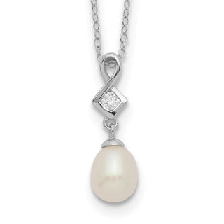 17" Sterling Silver Rhodium-plated 6-7mm White Freshwater Cultured Pearl CZ Necklace QH5497-17