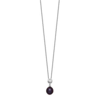 17" Sterling Silver Rhodium-plated 8-9mm Black Rice Freshwater Cultured Pearl CZ Necklace