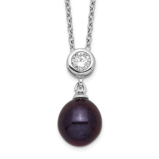 17" Sterling Silver Rhodium-plated 8-9mm Black Rice Freshwater Cultured Pearl CZ Necklace