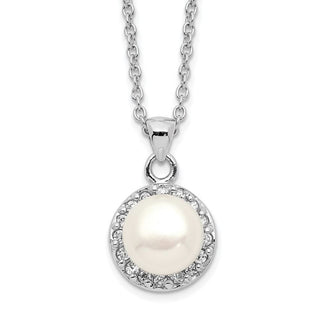 17" Sterling Silver Rhodium-plated 7-8mm White Button Freshwater Cultured Pearl CZ Necklace QH5505-17