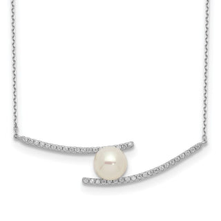 17" Sterling Silver Rhodium-plated 7-8mm White Button Freshwater Cultured Pearl CZ Necklace QH5506-17