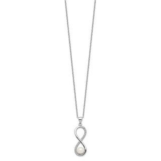 17" Sterling Silver Rhodium-plated 5-6mm Round Freshwater Cultured Pearl CZ Infinity Necklace