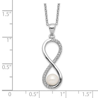 17" Sterling Silver Rhodium-plated 5-6mm Round Freshwater Cultured Pearl CZ Infinity Necklace