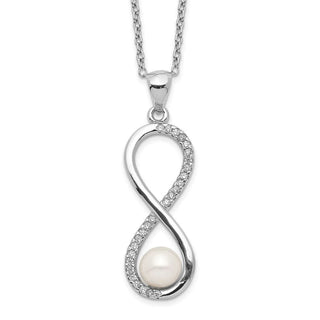 17" Sterling Silver Rhodium-plated 5-6mm Round Freshwater Cultured Pearl CZ Infinity Necklace