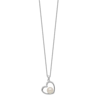 17" Sterling Silver Rhodium-plated Polished Open Heart with 7-8mm White Button Freshwater Cultured Pearl 17 inch Necklace