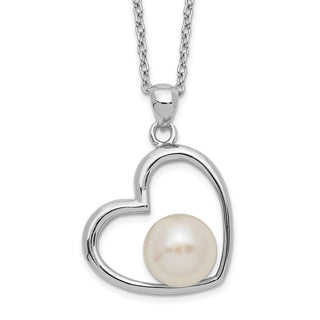 17" Sterling Silver Rhodium-plated Polished Open Heart with 7-8mm White Button Freshwater Cultured Pearl 17 inch Necklace