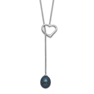 20" Sterling Silver Rhodium-plated 7-8mm Black Freshwater Cultured Pearl Drop Heart Necklace
