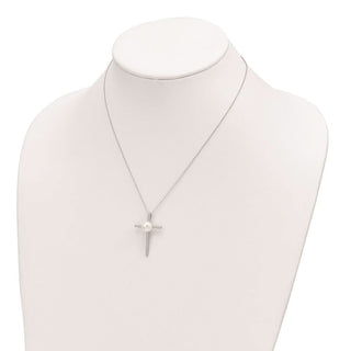 17" Sterling Silver Rhodium-plated 8-9mm Button Freshwater Cultured Pearl CZ Cross Necklace