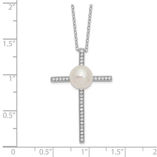 17" Sterling Silver Rhodium-plated 8-9mm Button Freshwater Cultured Pearl CZ Cross Necklace