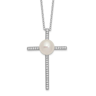 17" Sterling Silver Rhodium-plated 8-9mm Button Freshwater Cultured Pearl CZ Cross Necklace