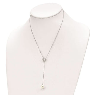 Sterling Silver Rhodium-plated Simulated Pearl Heart 2-Piece Necklace