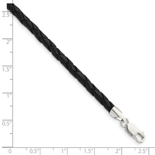 Sterling Silver 4mm Black Leather Braided Necklace QK89-18