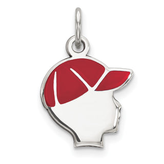 Sterling Silver Rhodium-plated Red Enamel Right Facing Boy Head Disc Charm QM523