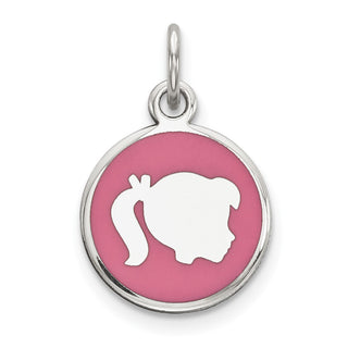 Sterling Silver Rhodium-Plate Pink Enamel Right Facing Girl Disc Charm QM527