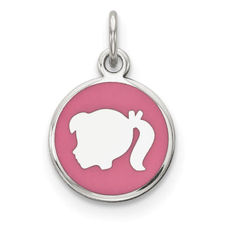 Sterling Silver Rhodium-Plate Pink Enamel Left Facing Girl Head Disc Charm QM535