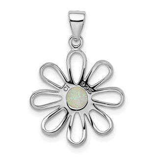 Sterling Silver Rhodium Plated Created Opal Daisy Slide Pendant