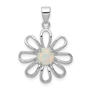 Sterling Silver Rhodium Plated Created Opal Daisy Slide Pendant