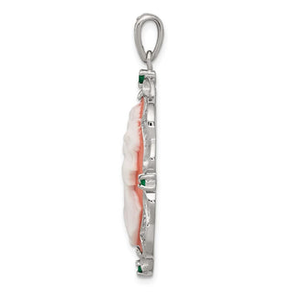 Sterling Silver Rhodium-plated Green Glass Clear CZ Plastic Pink Cameo Pendant